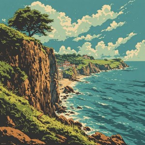A 1960s pulp‑style illustration of the Isle of Wight’s cliffs, downs, villages and folklore symbols, evoking the island’s history and stories.