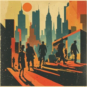 Retro modernist illustration of the present moment as shifting shapes and silhouettes; abstract cityscape, analogue textures, muted 1960s print colours, geometric forms overlapping like cultural layers; subtle sense of time passing and society in motion; clean, editorial, non‑literal, reflective mood.
